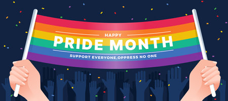 Pride month - Two hands hold colorful rainbow flag with text and hands raised ribbon fireworks around on dark background vector designのイラスト素材