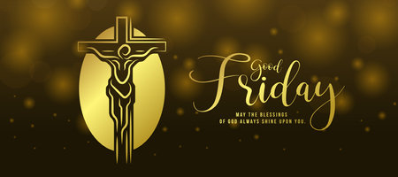 Good friday - Gold abstract and modern line Jesus christ on the cross in ellipse and dark light gold background vector designのイラスト素材