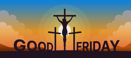 Good friday silhouette three cross with jesus christ on the cross and sunlight on orange blue sky background vector designのイラスト素材