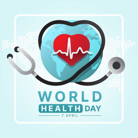 World Health Day - Stethoscope rolling heart line around world with red heart and heart rhythm wave line sign on soft blue background vector designのイラスト素材
