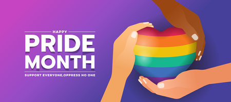 Happy pride month - Three hands hold care rainbow colorful heart sign on blue and purple background vector designのイラスト素材