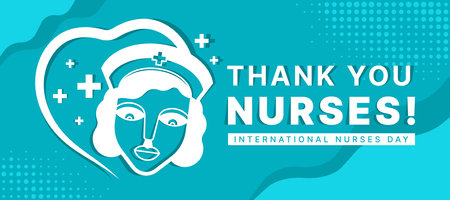 International nurses day - Thank you nurses text white face nurse character sign in line heart and cross sign around on blue mint background vector designのイラスト素材