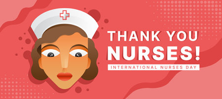 International nurses day - Thank you nurses text, modern face nurses charecter and shadow bubble on pink dot and curve texture background vector designのイラスト素材