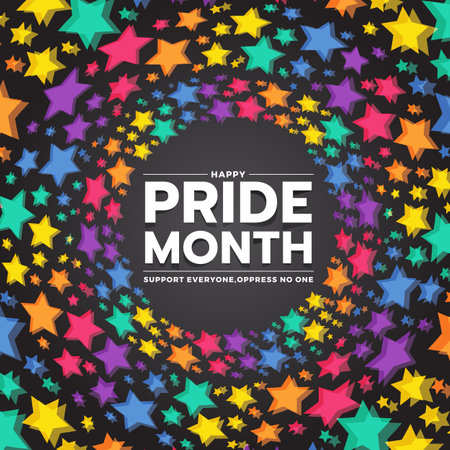 Happy pride month text in rainbow color stars curls into a circle frame and abstract texture background on black background vector designのイラスト素材