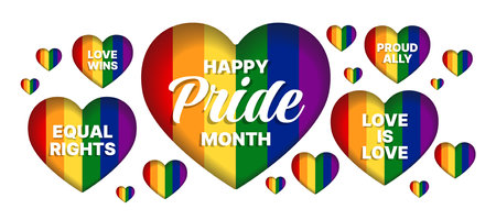 Happy Pride month, Love wins, Love is love, Equal right and Proud ally text in rainbow pride hearts vector designのイラスト素材