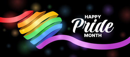 Happy Pride month - Text and colorful rainbow ribbon rolling heart shape with light on black background vector designのイラスト素材