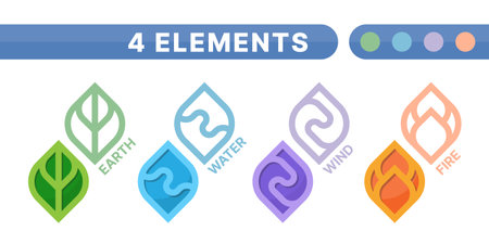 4 elements of nature symbols - earth, water, wind and fire with border line leaf sharp symbols minimal style vector designのイラスト素材