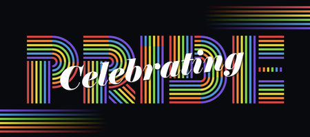 Celebrating Pride text - White Celebrating text on rainbow lines pride text on black background vector designのイラスト素材