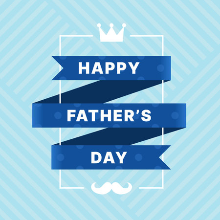 Happy father's day text on blue ribbon rolling around white line frame with crown and moustache sign on soft stripe line texture background vector designのイラスト素材