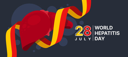 World Hepatitis Day - Red and yellow hepatitis Awareness rolling around liver on dark blue background vector designのイラスト素材