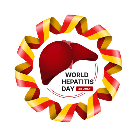 World Hepatitis Day - Text and liver sign in red and yellow hepatitis Awareness ribbon roll waving circle frame vector designのイラスト素材
