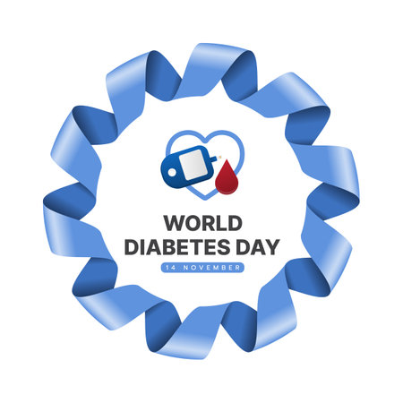 World diabetes day - Text and glucose testing red blood drop on line heart sign in blue circle ribbon roll waving frame vector designのイラスト素材