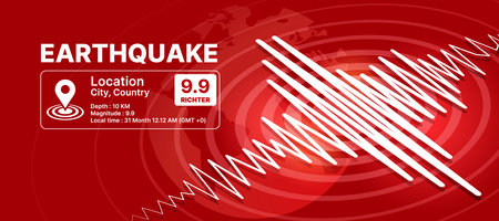 Earthquake Concept - Earthquake infomation text, White line Frequency seismograph waves cracked and Circle Vibration and world texture on red background Vector illustration designのイラスト素材