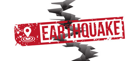 Earthquake Concept - Red earthquake rubber stamp seal on line vertical earth cracked Vector illustration designのイラスト素材