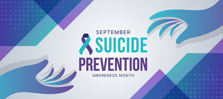 Suicide prevention awareness month text and ribbon awareness in center with Teal purple hand to hand care and connection to give hope vector designのイラスト素材