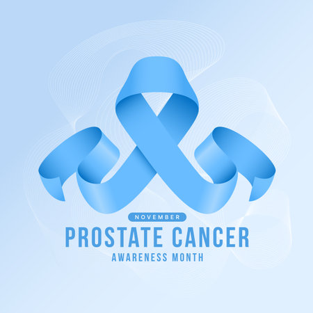 November, Prostate cancer awareness month text and Blue ribbon awareness sign on abstract soft blue line curve blend texture background vector designのイラスト素材