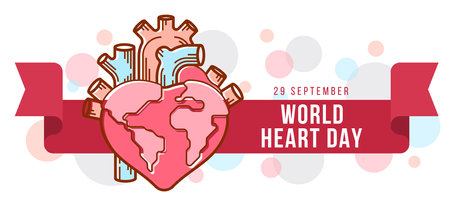 World heart day - Human heart with heart shape modern line sign on red ribbon and bubble texture background vector designのイラスト素材