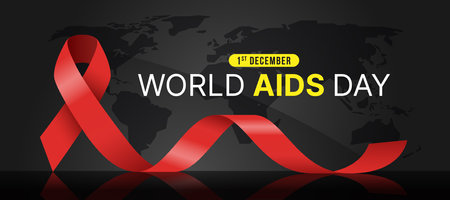 World aids day - Text and red ribbon sign on black background with world map texture vector design