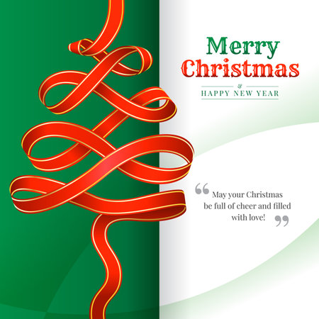 Christmas greeting card - Red christmas ribbon roll and waving to christmas tree on green background and Greeting message vector designのイラスト素材