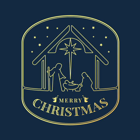 Gold Merry christmas text in rectangular curve shape frame with the nativity with mary and joseph in a manger with baby jesus and light star on dark blue background vector designのイラスト素材