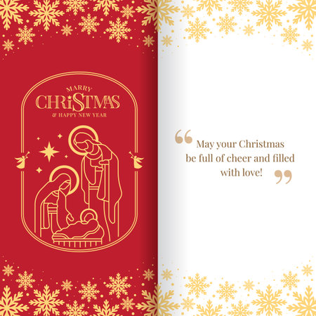 Christmas greeting card - Gold line the nativity with mary and joseph in a manger with baby Jesus in rectangular curve shape frame on red background with snow texture and Greeting message vector designのイラスト素材