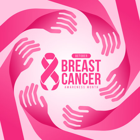 Breast cancer awareness month - text and pink ribbon awareness sign in abstract hands hope and care circle around vector designのイラスト素材