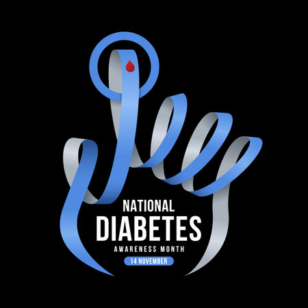 National diabetes awareness month - Text in Blue and gray ribbon awareness with red drop blood sign roll waving hand shape and cross blue circle in index finger on black background vector designのイラスト素材