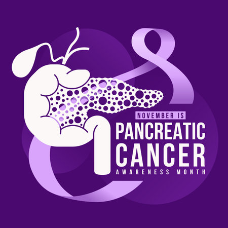 November Pancreatic Cancer Awareness Month - text and white pancreatic sign with purple pancreatic cancer awareness ribbon roll around on dark purple background vector designのイラスト素材