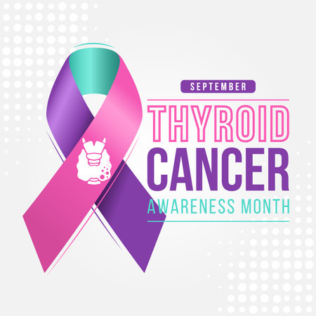 Thyriod Cancer Awareness Month - Text and Thyroid Cancer sign on blue pink and teal ribbon cancer awareness vector designのイラスト素材