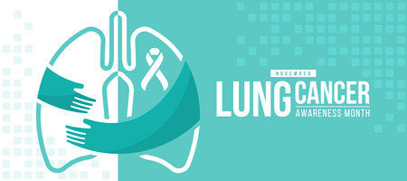 November, lung cancer awareness month - Hand hug line lung sign and white ribbon awareness sign on half white blue green background vector designのイラスト素材
