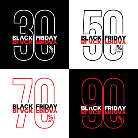 Black friday banner - black friday text and line number sale up to 30, 50, 70 and 90 % off collection vector designのイラスト素材