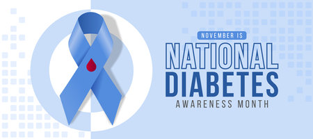 November is national diabetes awareness month - Blue ribbon with red drop of blood awareness sign on half white and soft blue circle ring background vector designのイラスト素材