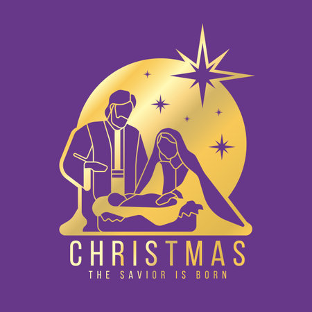 Christmas, the savior is born - Gold the nativity with mary and joseph in a manger with baby Jesus in circle sky with star modern shape style on purple background vector designのイラスト素材