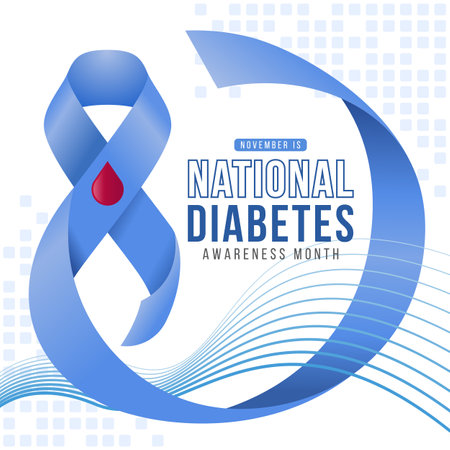 November is national diabetes awareness month - Text in blue ribbon with red drop of blood awareness sign roll waving circle ring frame and line bleand curve cross around vector designのイラスト素材