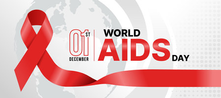 World aids day - Text and red ribbon sign with long line on circle globe texture and dot texture...