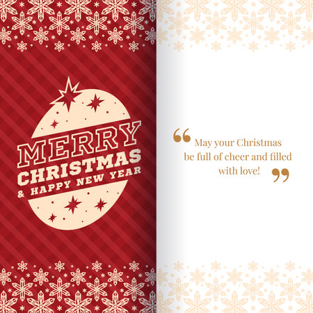 Christmas greeting card - Merry christmas and happy new yeay text in circle with star around on red background with line crytal snow texture background and Greeting message vector designのイラスト素材