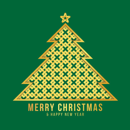 Merry Christmas and happy New year - Gold cross diamond square texture to christmas tree and star above on green background vector designのイラスト素材