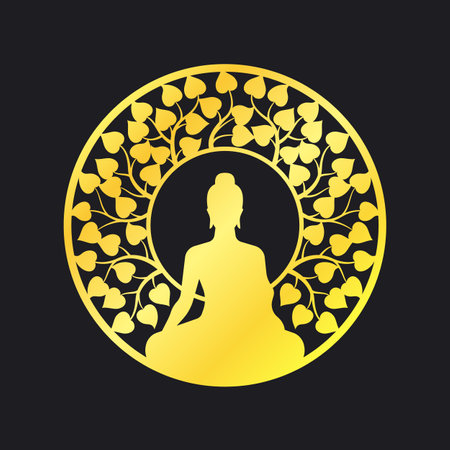 Gold Buddha sit and meditation with circle ring bodhi tree with leafs rounded corner frame vector designのイラスト素材