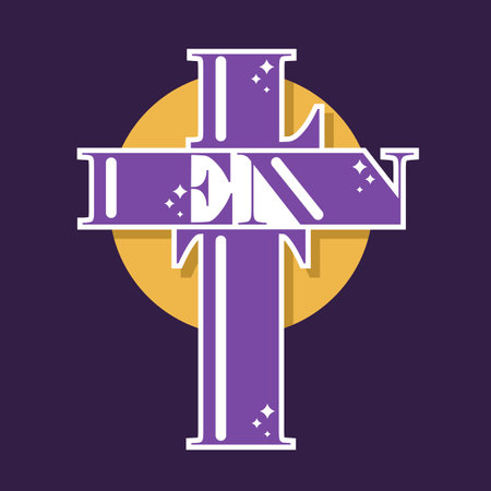 Lent text with purple crucifix cross shape on gold circle on dark purple background vector designのイラスト素材