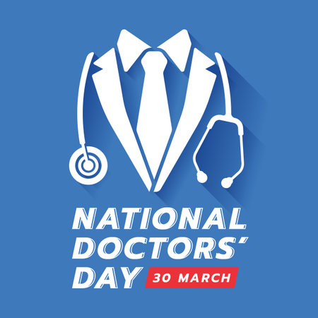 National doctors day - White medic suit and stethoscope symbol on blue background vector designのイラスト素材