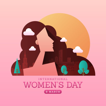 International women's day - A large woman female turn sideways shape and curved hair with city buildings on soft pink background vector designのイラスト素材
