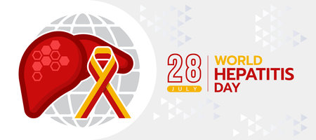 World hepatitis day - the liver with hexagonal shape texture and yellow red ribbon sign on circle globe earth sign vector designのイラスト素材
