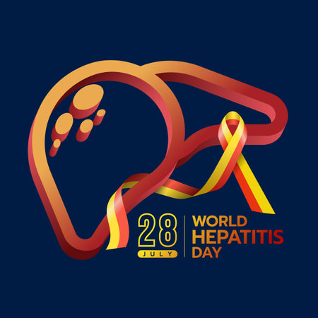 World hepatitis day - Yellow and red ribbon sign cross 3D line the liver sign on dark blue background vector designのイラスト素材