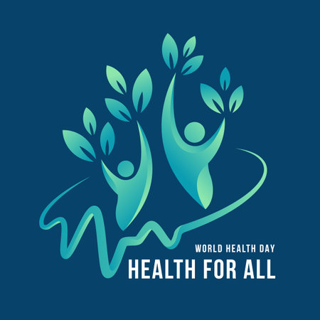 World health day, Health for all - Text and green gradient humans hand raised with leaf tree and line heart wave around sign on blue background vector designのイラスト素材