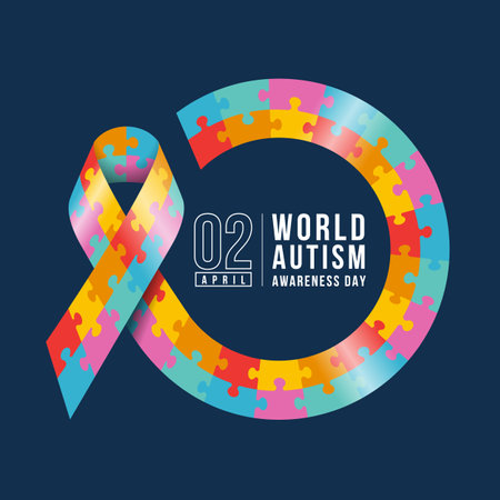 World Autism Awareness Day - Colorful jigsaw puzzle texture ribbon awareness with roll circle frame on dark blue background vector designのイラスト素材