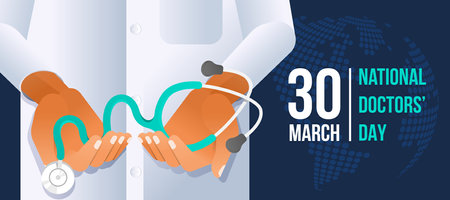 National doctors' day - Closeup Hand doctor hold stethoscope on dark blue with circle dot globe texture background vector designのイラスト素材