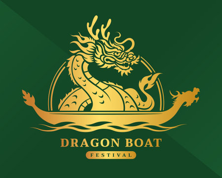 Dragon boat festival Gold big curled up china dragon in circle line on dragon boat symbol on green background vector designのイラスト素材