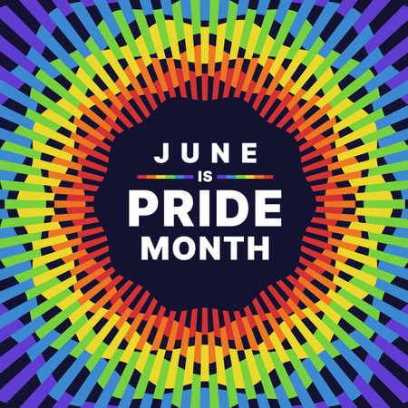 June is pride month, Text in circle frame with abstract modern radial circle line curve rainbow colorful pride flags on dark black background vector designのイラスト素材