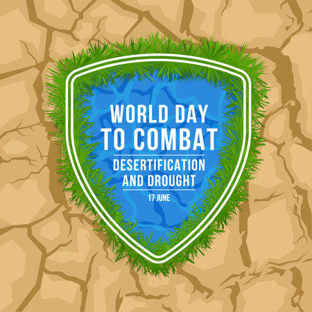 World Day to Combat Desertification and Drought - Text in white frame on pond water and green grass around with shield shape on brown parched drought soil dry desert texture background vector designのイラスト素材