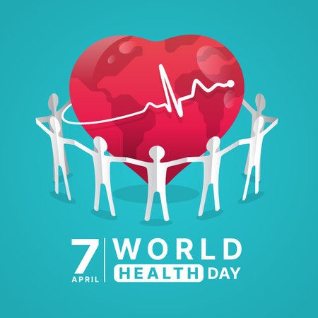 World Health Day - Blue pink gradient group of human stand on stethoscope are roll waving to Heart globe, cross and Heart rhythm wave line vector designのイラスト素材
